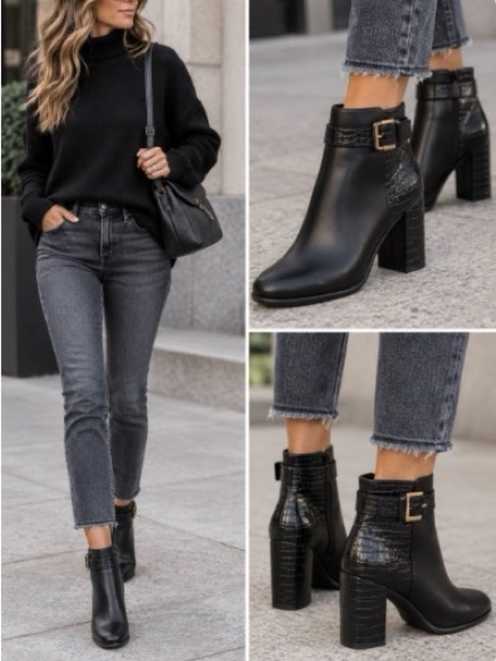 Karen Scott Shoes - NIB Karen Scott Black Croc-Accent Buckle Block Heel Ankle Boots